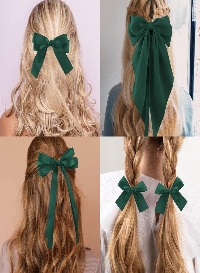 SuPoo 4pcs Small Hair Bow Clips for Women Girls Green Silky Satin Hair Ribbon Large Bows for Hair Different Sizes Bowknot Alligator Clips Hair Bow Barrettes Oversized Long-tail Aesthetic Hair Accessories - Image 4